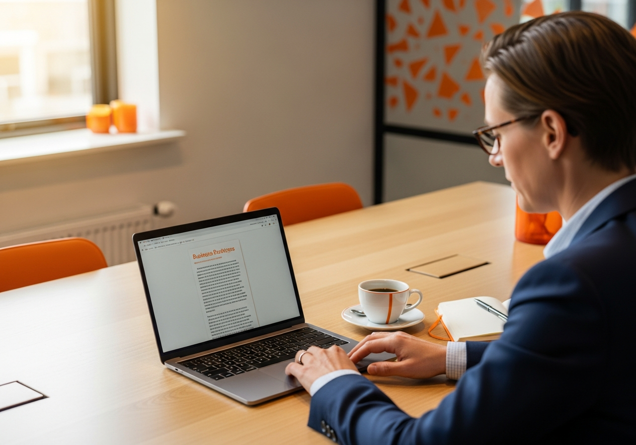 Ondernemer leest VoIP-tips op een laptop met een kop koffie