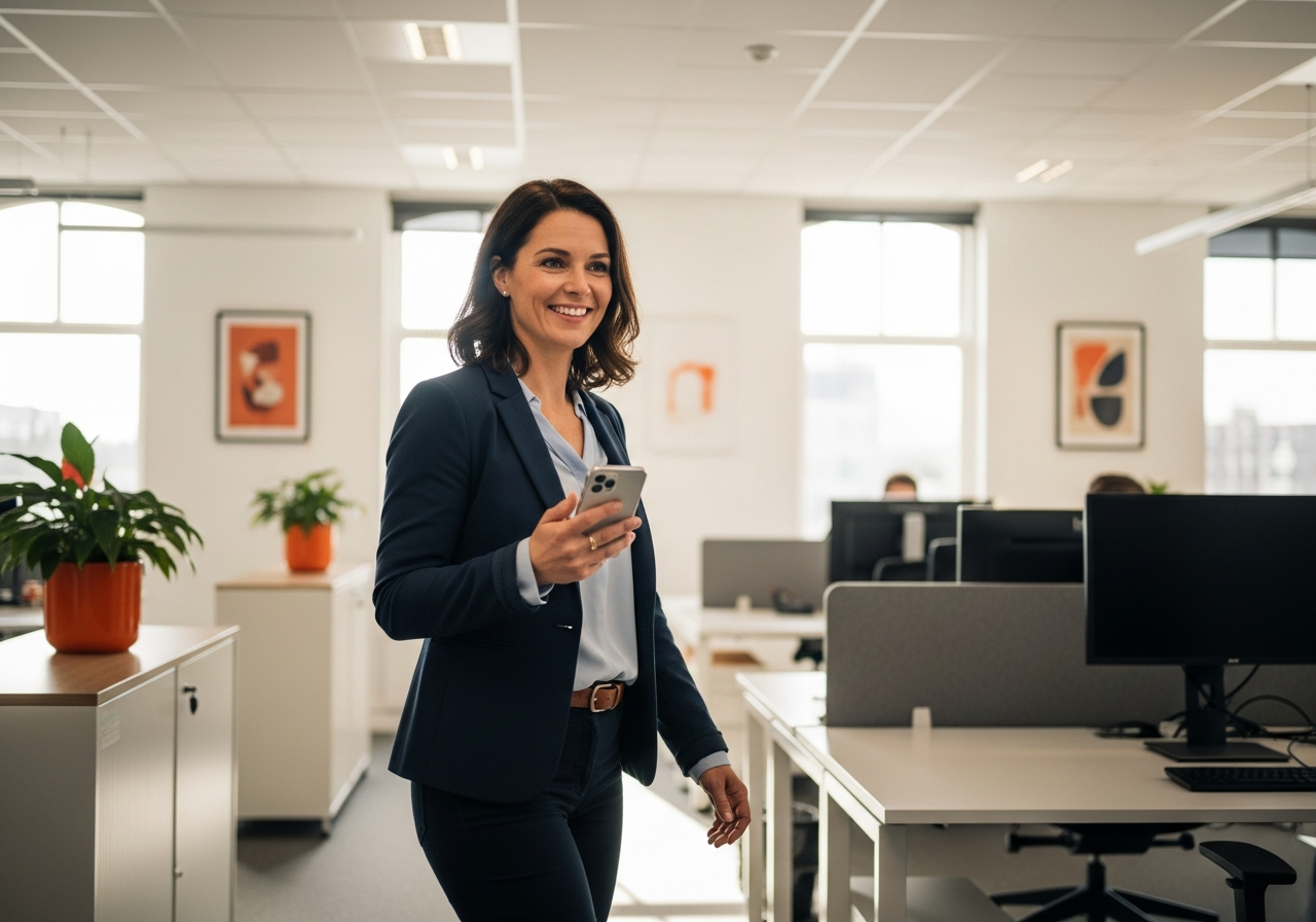 Ondernemer gebruikt zakelijke mobiele telefoon in een modern kantoor