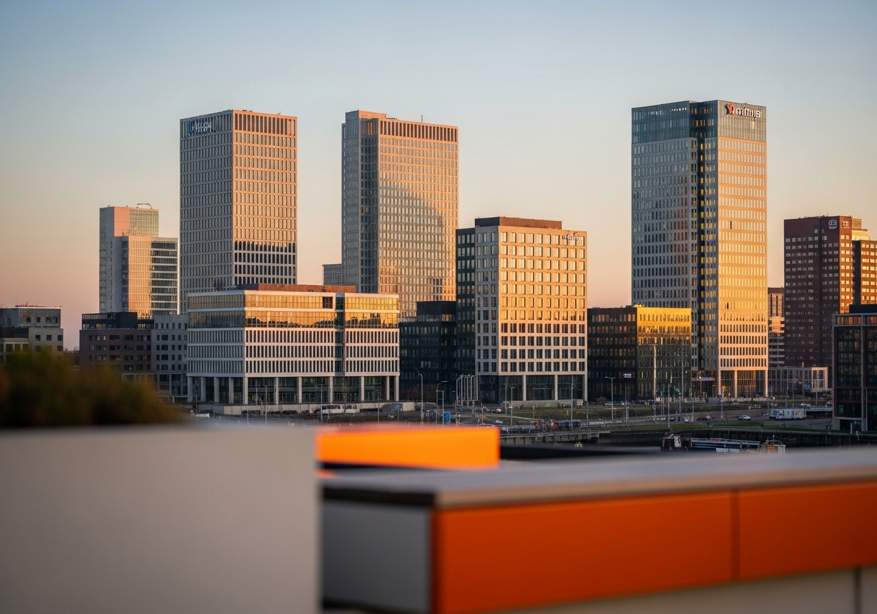 Modern Nederlands zakendistrict met eigentijdse kantoorgebouwen