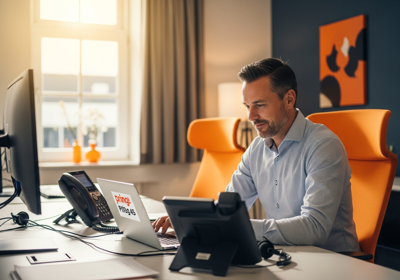 Ondernemer bekijkt transparante VoIP-tarieven op een laptop